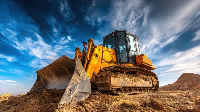 Vibrant photo of Large yellow bulldozer on a construction field