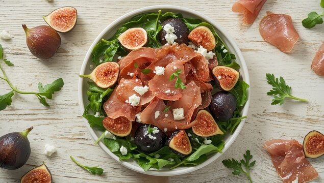 Fresh Figs blue cheese prosciutto salad on light surface