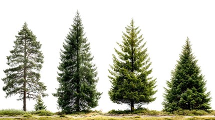 Fototapeta premium Four Evergreen Trees Standing Tall in a Row.