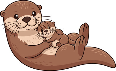 Cute sea otter mother floating with baby cartoon illustration, adorable marine animal family love concept for wildlife, nursery and kids design