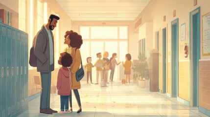 Emotional Family Interaction in School Corridor with Children Present