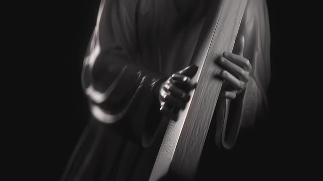 Close Up of Jesus Christ Figurine Carrying The Holy Cross For Religious Easter Content. White Figurine Hands Carrying Heavy Cross. Spiritual Concept of Lent and Good Friday, Easter Sacrifice.