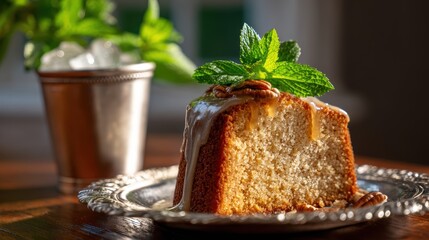 food photography, top-rated dessert ad presents moist mint julep pound cake with bourbon-mint glaze, candied pecans, and fresh mint in warm lighting on silver plate