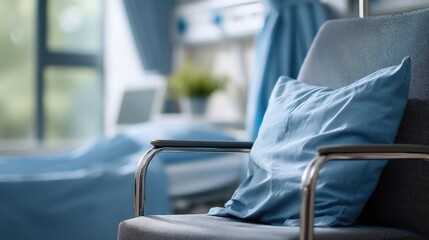 Close-up view of a metal-framed toilet chair in a hospital room beside a bed with a patient lying on the pillow showing medical equipment and care setup