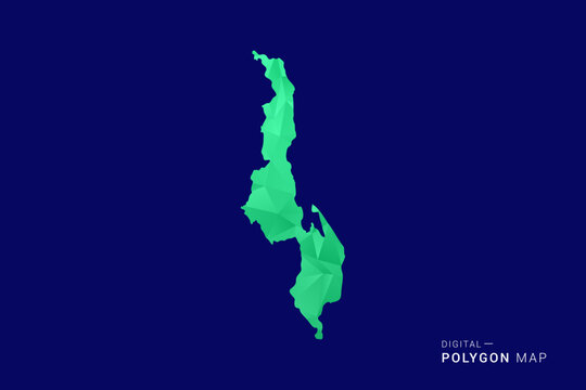 Malawi Map - low poly polygon vector, geometric triangulated silhouette in green and blue tones, clean modern style, isolated background for infographic use.