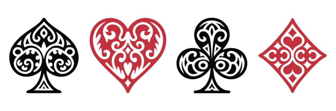 Poker card suit set, decorative hearts, clubs, diamonds, and spades with ornate ornamentation, ideal for casino game design, gambling apps, playing cards, and jackpot or tournament visuals.