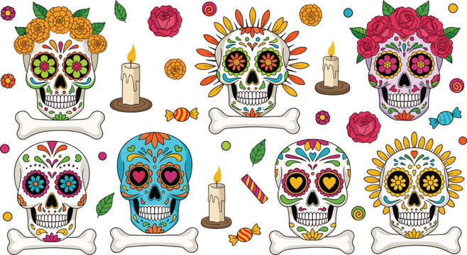 Blue decorative sugar skull collection with candles, roses, bones and candy elements inspired by Mexican Day of the Dead Dia de los Muertos vector set