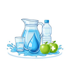 Water pitcher bottle glass and apples isolated on transparent background