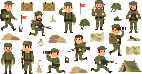Cartoon soldiers and military equipment collection with army characters, weapons, helmet, tent and tactical gear vector illustration set © MstMukta