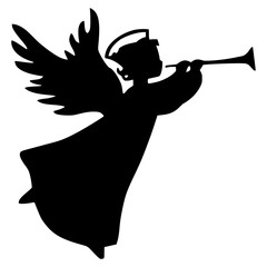 A minimalist black silhouette of an angel blowing a trumpet on a white background © Muhammad Asim