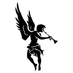 A black silhouette of an angel playing a trumpet with large wings spread wide on a white background © Muhammad Asim