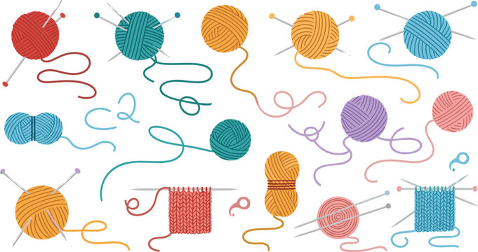 Colorful knitting yarn balls with needles and threads collection, handmade crochet and knitting craft supplies vector illustration set for hobby and textile design