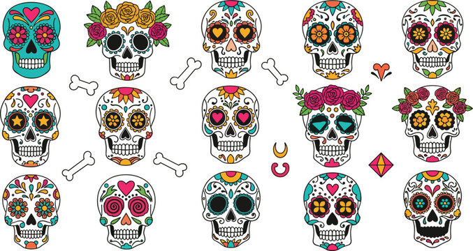 Colorful sugar skull set with floral ornaments, hearts and decorative elements inspired by Mexican Day of the Dead Dia de los Muertos vector illustration collection