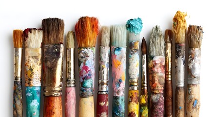 Obraz premium Collection of well-used paint brushes with colorful bristles and handles.