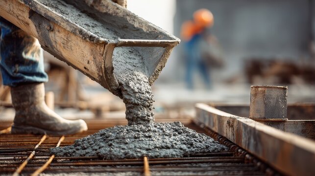 Vibrant photo of Construction worker pouring wet concrete onto steel rebar for a foundation slab on a building site