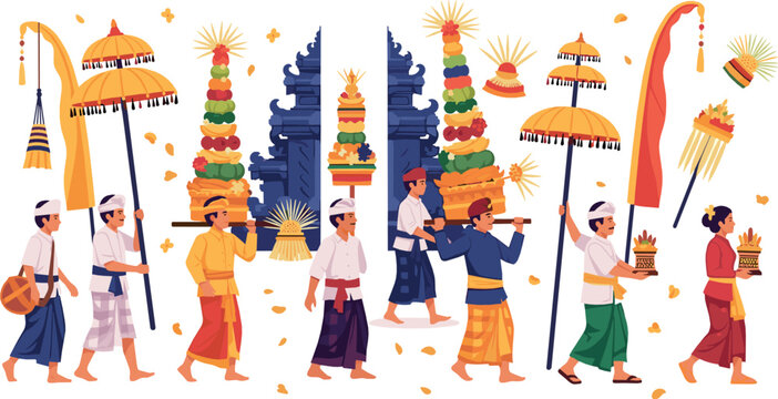 Balinese traditional ceremony procession with men carrying offerings and decorations near temple gate, colorful Bali culture festival illustration set