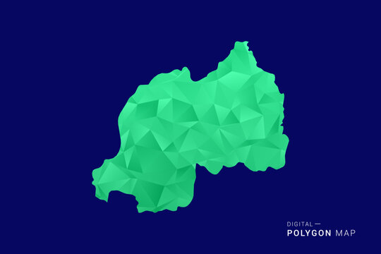 Rwanda Map - low poly polygon vector, geometric triangulated silhouette in green and blue tones, clean modern style, isolated background for infographic use.