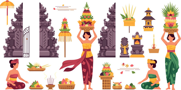 Balinese women carrying traditional offerings with temple gates, ceremonial decorations, and ritual items, colorful flat illustration of Bali culture and Hindu ceremony