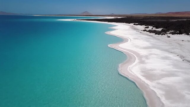 Aerial Tracking Over Turquoise Water And Blinding White Salt Shore At Lake Assal Djibouti
