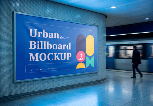 Large subway station billboard advertising display mockup on wall