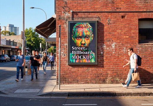 Vertical Street Billboard Mockup on Red Brick Wall