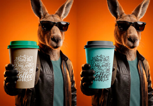 Kangaroo wearing sunglasses holding takeaway coffee cup