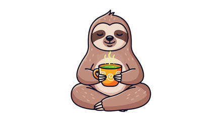 Fototapeta premium Cute Sloth Meditating Holding Warm Coffee Cup.