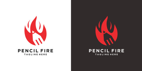 Creative Pencil Fire Logo Design with Red Flame and White Background.