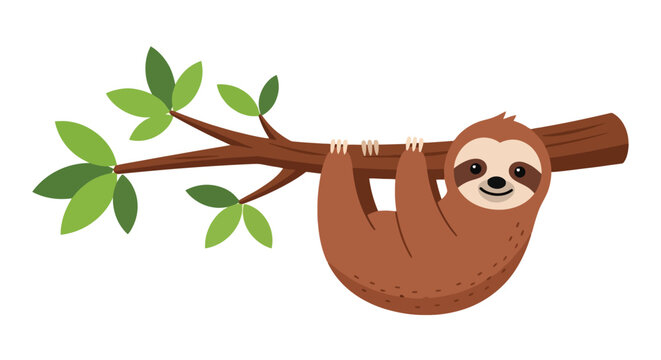 Cute cartoon sloth hanging on a tree branch with green leaves.