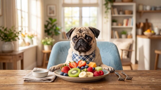 Adorable Pug Dog Sitting at Table Ready to Eat Healthy Fruit Salad.