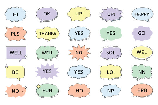 Collection of Speech Bubbles with Various Short Messages and Phrases Isolated on White Background