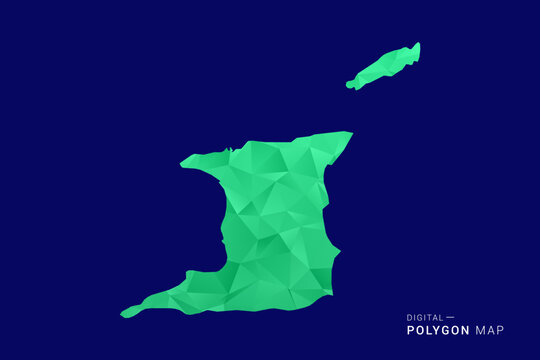 Trinidad and Tobago Map - low poly polygon vector, geometric triangulated silhouette in green and blue tones, clean modern style, isolated background for infographic use.