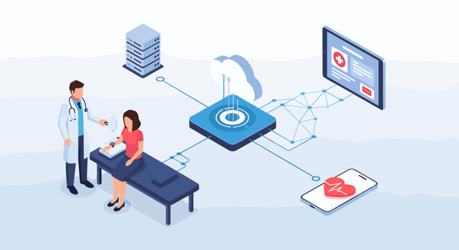 An isometric illustration shows a doctor and patient connected to cloud medical technology.