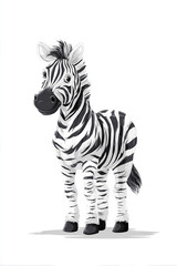Fototapeta premium A cute cartoon zebra stands gracefully with bold black and white stripes. This clean vector illustration features a friendly expression and simple lines, perfect for children’s book designs.