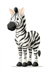 Fototapeta premium A cute cartoon zebra stands gracefully with bold black and white stripes. This clean vector illustration features a friendly expression and simple lines, perfect for children’s book designs.