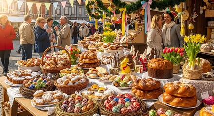 People shopping for sweet pastries and desserts at outdoor market stalls