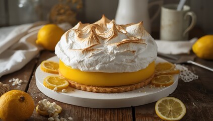 Homemade lemon tart cake topped with meringue