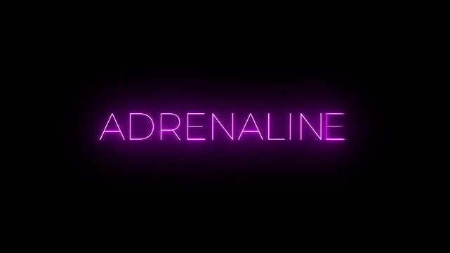 Vibrant neon pink text spelling the word ADRENALINE, centrally positioned on a dark black background with a luminous glow effect Keywords: ADRENALINE, neon, text, glowing
