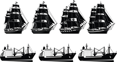 Ship silhouettes collection featuring classic sailing ships and cargo vessels, maritime transport and nautical navigation vehicles isolated on white background marine transportation set © Jakir