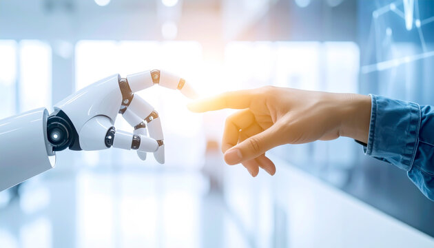 Hand eines Menschen, ber&uuml;hrt Hand eines Roboters, K&uuml;nstliche Intelligenz 