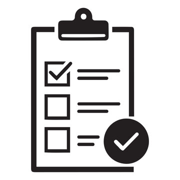 Checklist clipboard with checkmark symbol and three to-do list boxes, black and white icon for task management