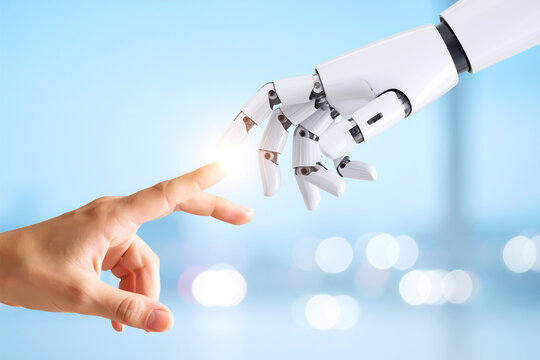 Hand eines Menschen, ber&uuml;hrt Hand eines Roboters, K&uuml;nstliche Intelligenz 