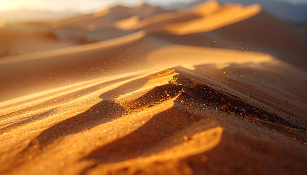 Desert sand dunes illuminated by warm sunlight under a clear sky