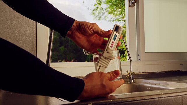 First Person View Of Hands Testing Drinking Water With Digital Quality Meter Showing Twenty Two Ppm In Glass Near Kitchen Faucet And Window With Tropical Vegetation Outside. Clean Drinking Water Verif
