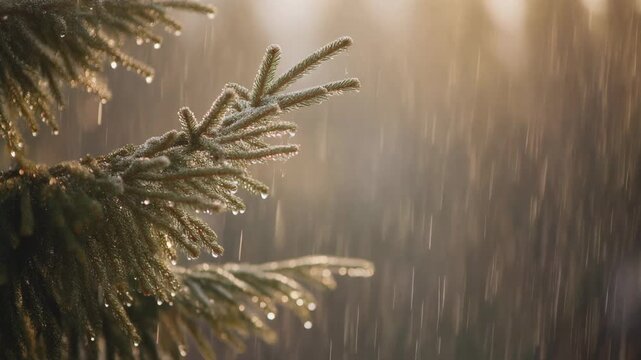 Close Up Of Evergreen Pine Branches In Heavy Rain With Warm Lighting And Copy Space