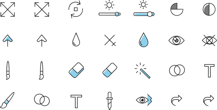Graphic design and editing tool icon set with brush, eyedropper, resize arrows, opacity controls, color picker, visibility eye and vector editing symbols