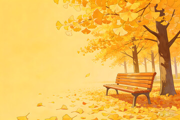 Autumn ginkgo tree with golden leaves and wooden bench on yellow background