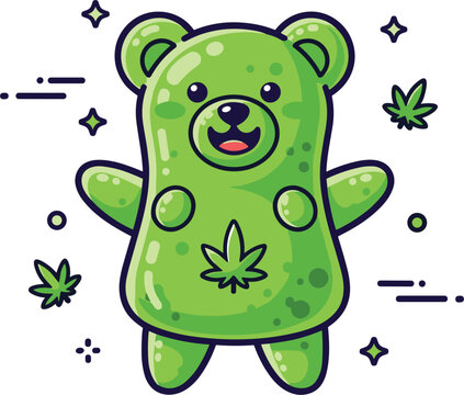Cute Cannabis Bear Cartoon Vector Illustration with Green Weed Leaves, Funny Teddy Character, and Marijuana Theme Design