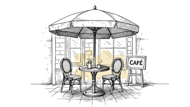 Detailed artistic sketch of a charming outdoor street cafe with a table, chairs, and a large sun umbrella in a classic European style.