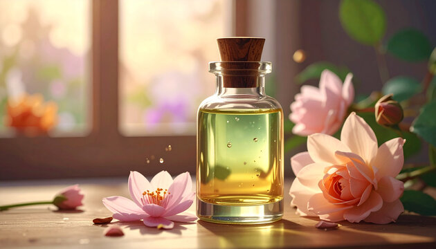 Essential oil bottle with flowers natural beauty concept close up shot